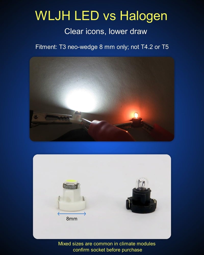 WLJH 10x White T3 Neo Wedge 3030 SMD Chipest 8mm Base Led Car Instrument Cluster Dashboard Gauge Bulb HVAC AC Heater Climate Controls Lamps Switch Indication Interior Light Replacement - Image 3