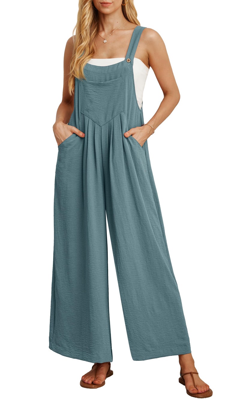 IWOLLENCE Women's Summer Jumpsuits Boho Wide Leg Overalls Casual Loose Rompers with Pockets 2024 Blue Green Medium - Image 1