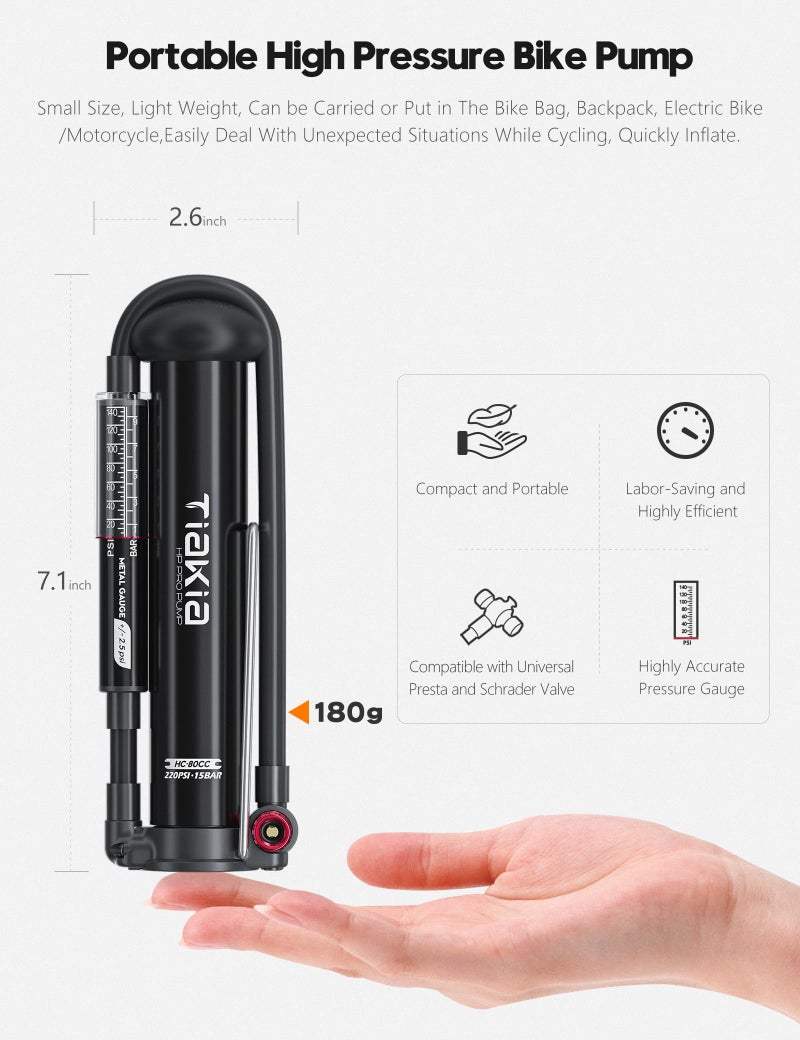 Tiakia Mini Bike Floor Pump with Gauge 220psi High Pressure Compact Bike Pump Aluminum Tire Pump Portable Bicycle Air Pump fits Schrader Presta Valve Hand Pump for Road Mountain Bike Balls - Image 2