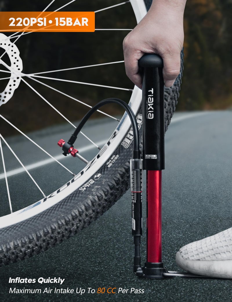 Tiakia Mini Bike Floor Pump with Gauge 220psi High Pressure Compact Bike Pump Aluminum Tire Pump Portable Bicycle Air Pump fits Schrader Presta Valve Hand Pump for Road Mountain Bike Balls - Image 3