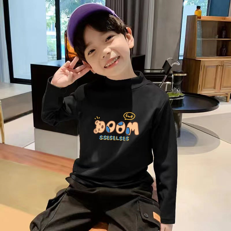 Children'S Base Shirt Half High Collar Boys' Warm Inner Long Sleeve T-Shirt Double-Sided T-Shirt - Image 1
