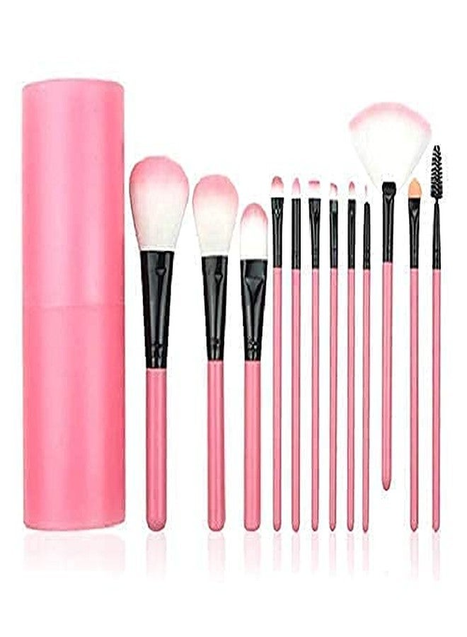 موج مجموعة فرش مكياج لكريم الأساس، وظلال العيون، والحواجب، ومحدد العيون، وأحمر الخدود، والبودرة، والكونسيلر، وفرشاة تحديد الوجه مع زجاجة تخزين أسطوانية - عبوة من 12 قطعة (لون وردي فاتح) - Image 1