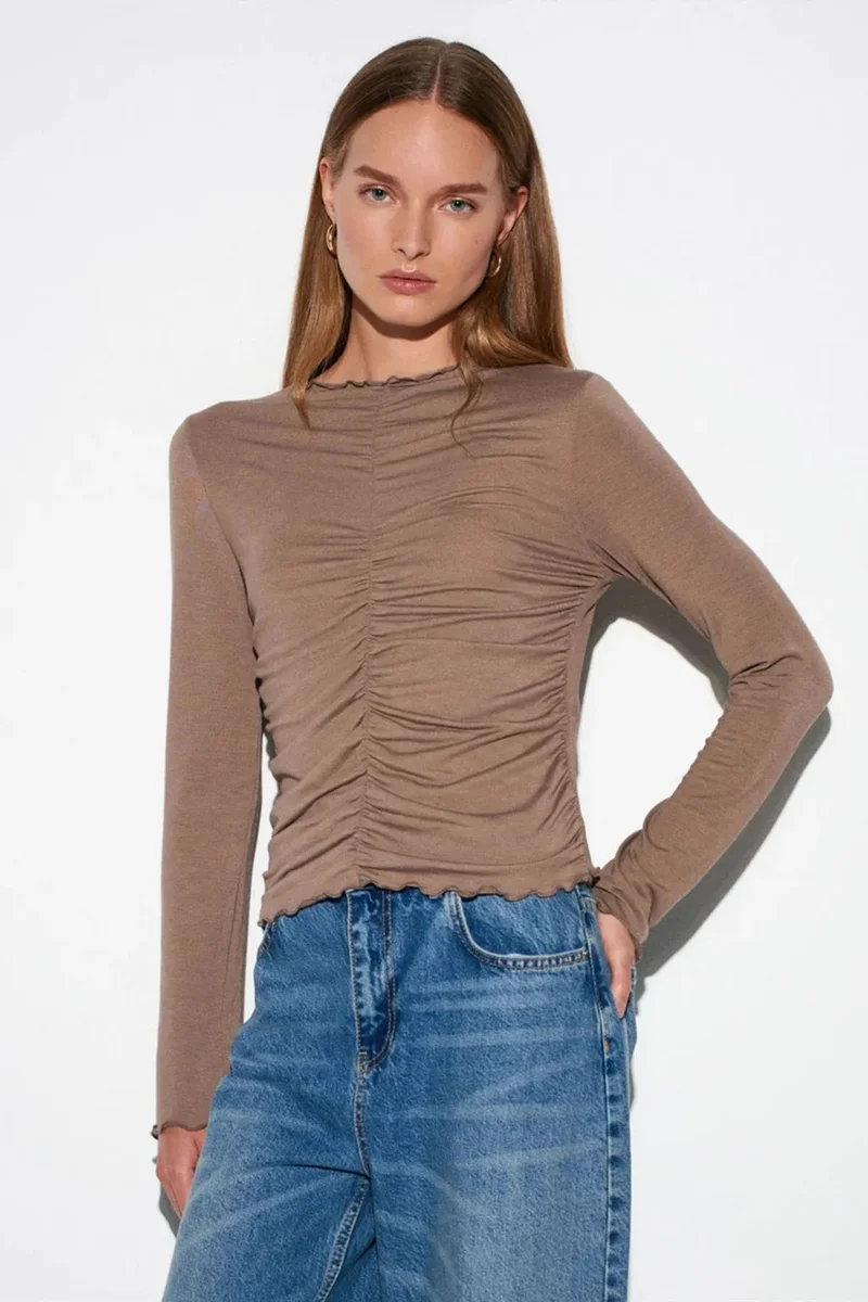 Dilvin Camel Brown DILVIN Slim Fit Long Sleeve Jersey Blouse for Women | Best Price UAE