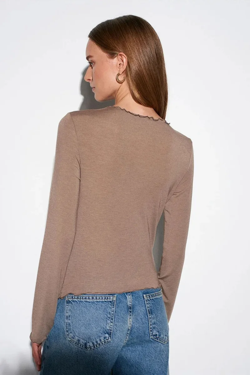 Dilvin Camel Brown DILVIN Slim Fit Long Sleeve Jersey Blouse for Women | Best Price UAE