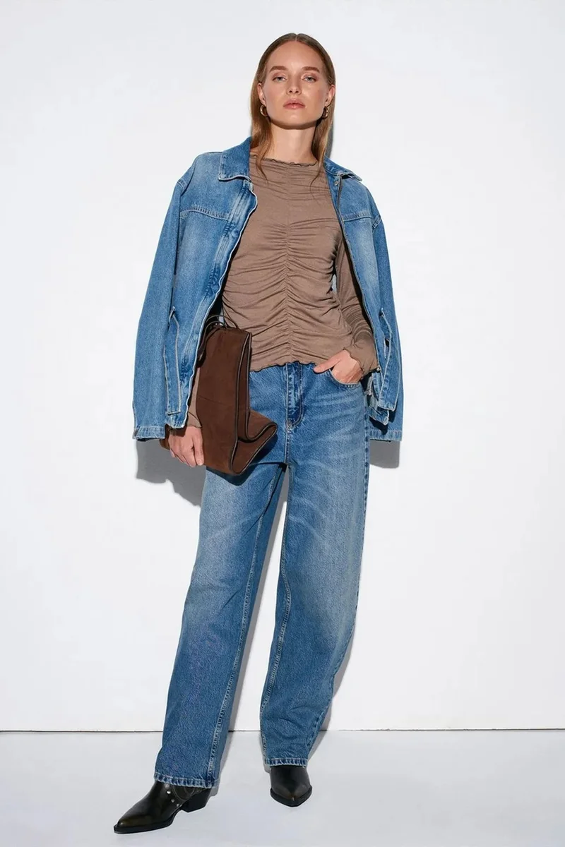 Dilvin Camel Brown DILVIN Slim Fit Long Sleeve Jersey Blouse for Women | Best Price UAE