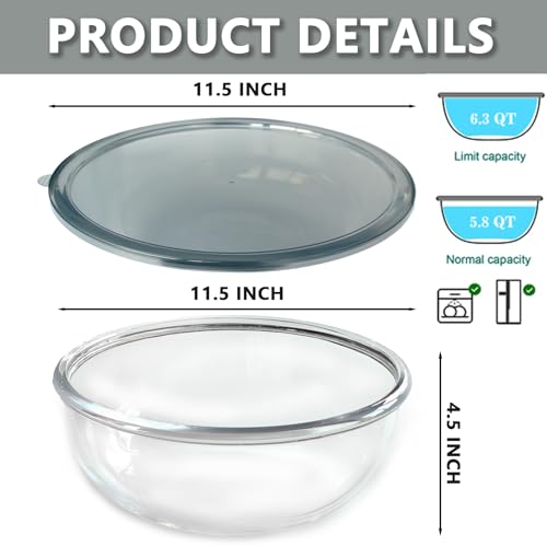 CD HOME Large Glass Mixing Bowl with Lid63 Quart Thickened Bowl Edges Clear Glass Salad Cooking Bowls for Sourdough Salad and Storage Prepping - Image 3