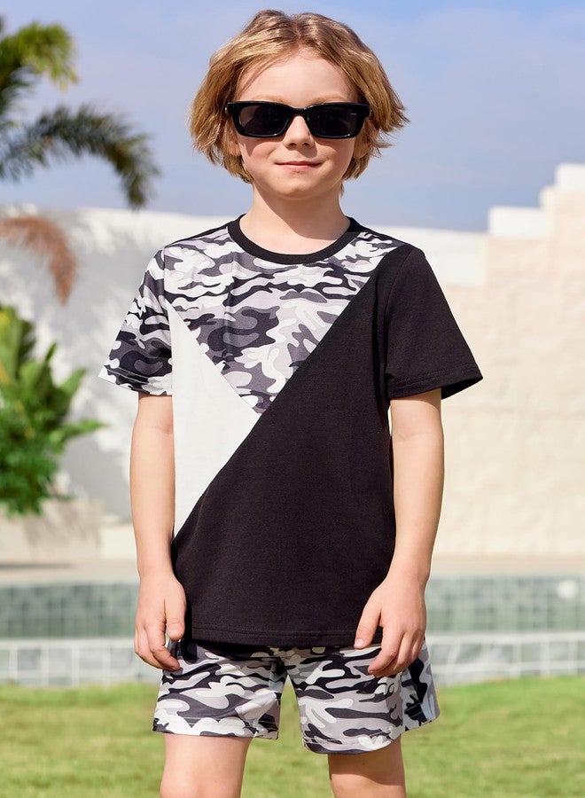 Arshiner أزياء صيفية للأولاد الصغار من أرشينر تي شيرت قصير الأكمام وشورتات مرنة لمجموعة ملابس غير رسمية من قطعتين باللون الأسود المموه 6-7 سنوات - Image 3
