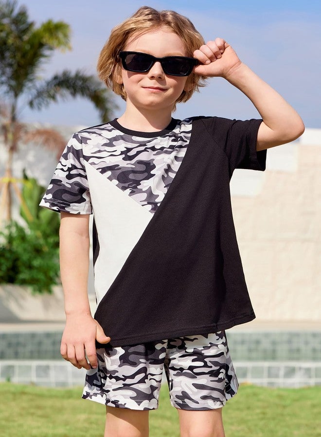 Arshiner أزياء صيفية للأولاد الصغار من أرشينر تي شيرت قصير الأكمام وشورتات مرنة لمجموعة ملابس غير رسمية من قطعتين باللون الأسود المموه 6-7 سنوات - Image 4