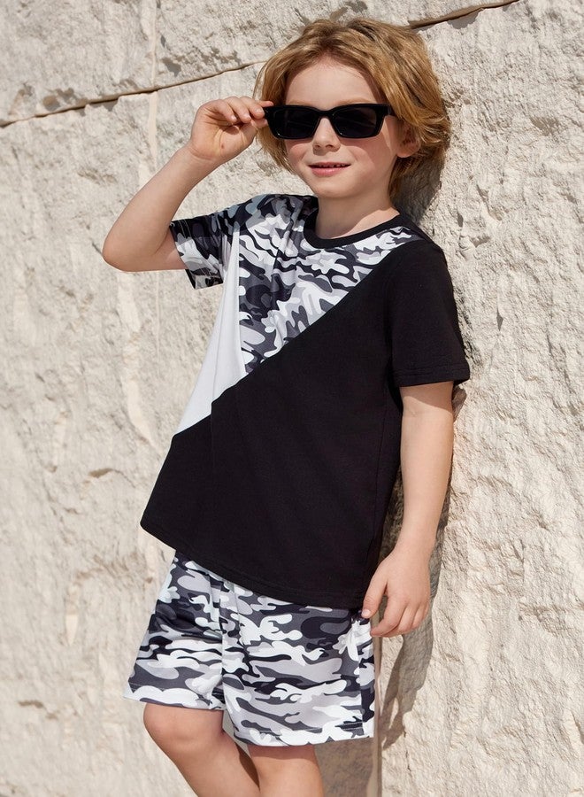 Arshiner أزياء صيفية للأولاد الصغار من أرشينر تي شيرت قصير الأكمام وشورتات مرنة لمجموعة ملابس غير رسمية من قطعتين باللون الأسود المموه 6-7 سنوات - Image 5