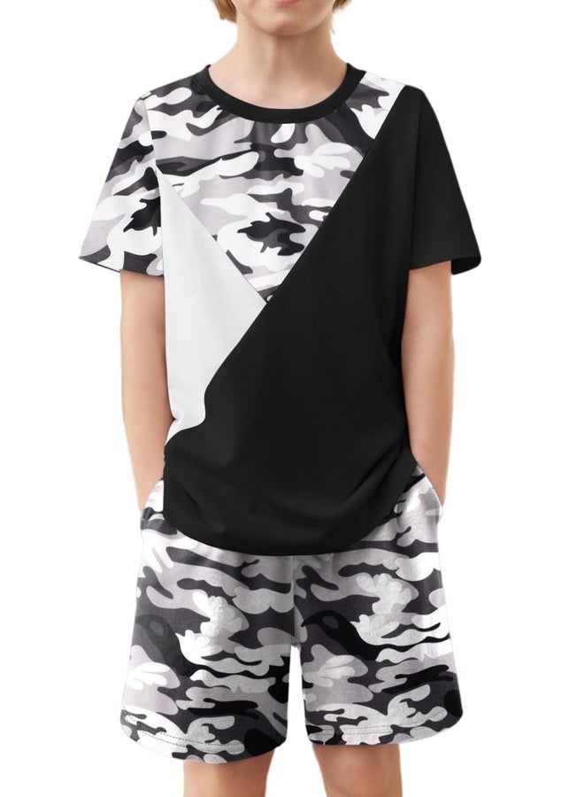 Arshiner أزياء صيفية للأولاد الصغار من أرشينر تي شيرت قصير الأكمام وشورتات مرنة لمجموعة ملابس غير رسمية من قطعتين باللون الأسود المموه 6-7 سنوات - Image 2