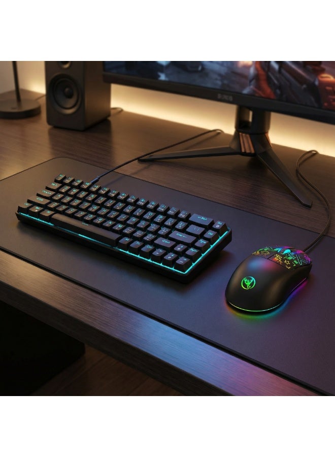 مجموعة لوحة مفاتيح ألعاب إنجليزية عربية وماوس DPI، لوحة مفاتيح ميكانيكية 68 مفتاحًا بإضاءة خلفية LED، كيبورد قيمنق عربي مع ماوس 7 ألوان - Image 2