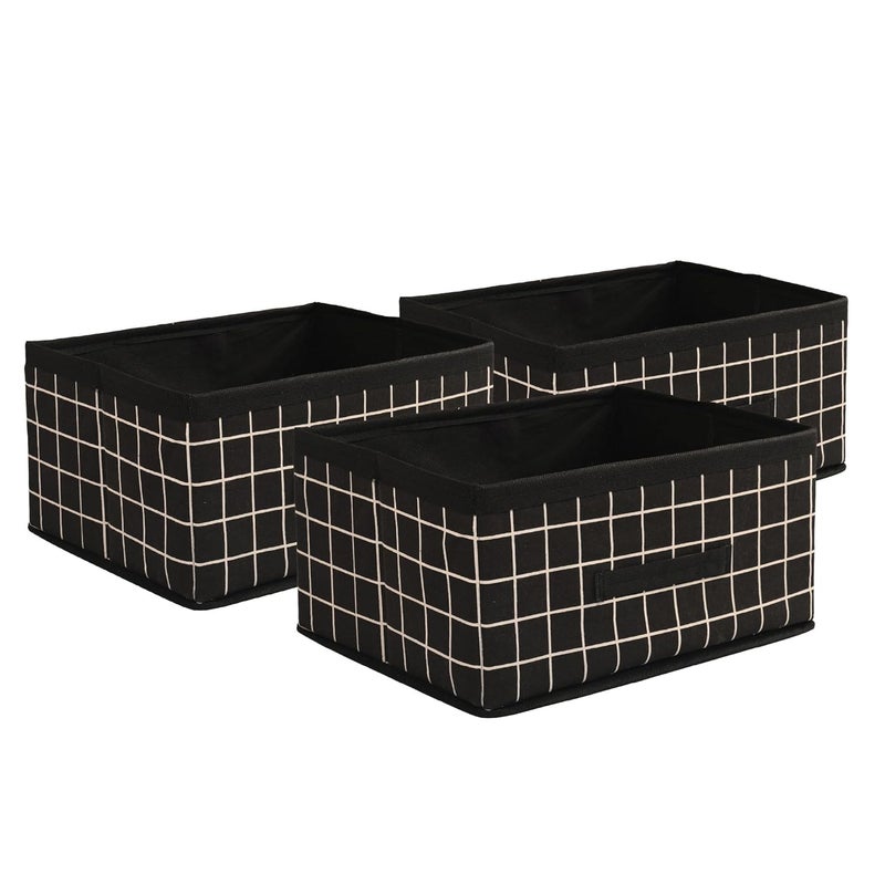 Kuber Industries Pack of 3 Foldable Multipurpose Cloth Organizer for Storage with Drawing Handle Durable Organisers Storage Box for ClothesToys Check Design Black - Image 1