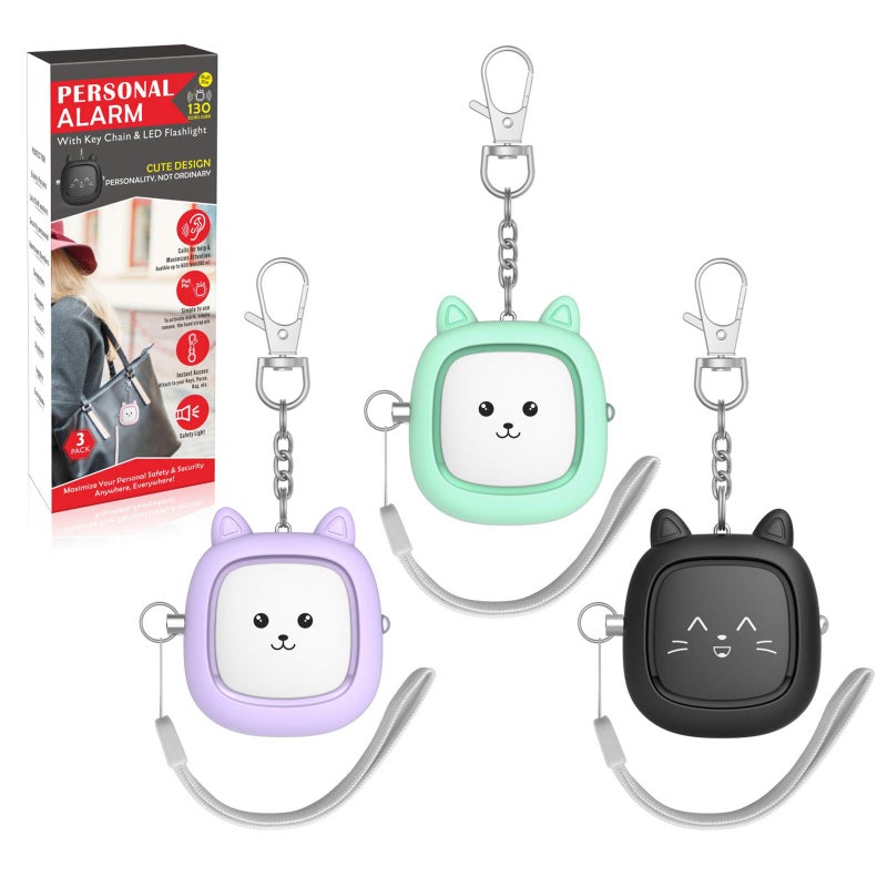 VIGOROAD Safe Sound Personal Alarm,3 Pack 130 dB Loud Siren Song Emergency Security Alarm Keychain with LED Light, Personal Sound Safety Siren for Women, Men, Children, Elderly (Black/Purple/Green) - Image 1