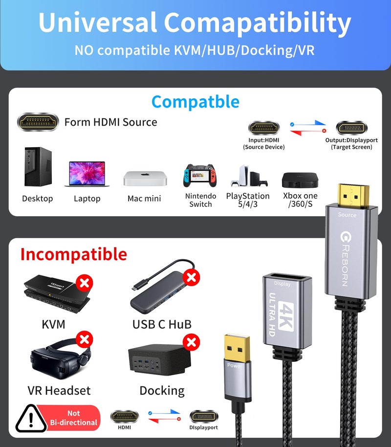 Reborn Active HDMI to DisplayPort Adapter | 4K@60Hz Converter Unidirectional HDMI Source to DP Display HDR Compatible with Laptop,AMD,NVIDIA,PS5,Xbox and More - Image 5