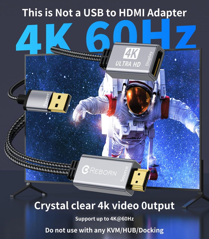 Reborn Active HDMI to DisplayPort Adapter | 4K@60Hz Converter Unidirectional HDMI Source to DP Display HDR Compatible with Laptop,AMD,NVIDIA,PS5,Xbox and More - Image 2