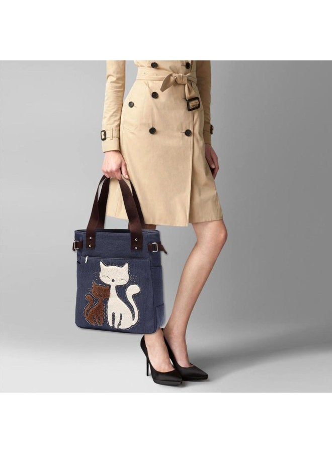 KAUKKO Women Canvas Handbag Kaukko Shoulder Bag Cat Big Tote Bag Blue - Image 3