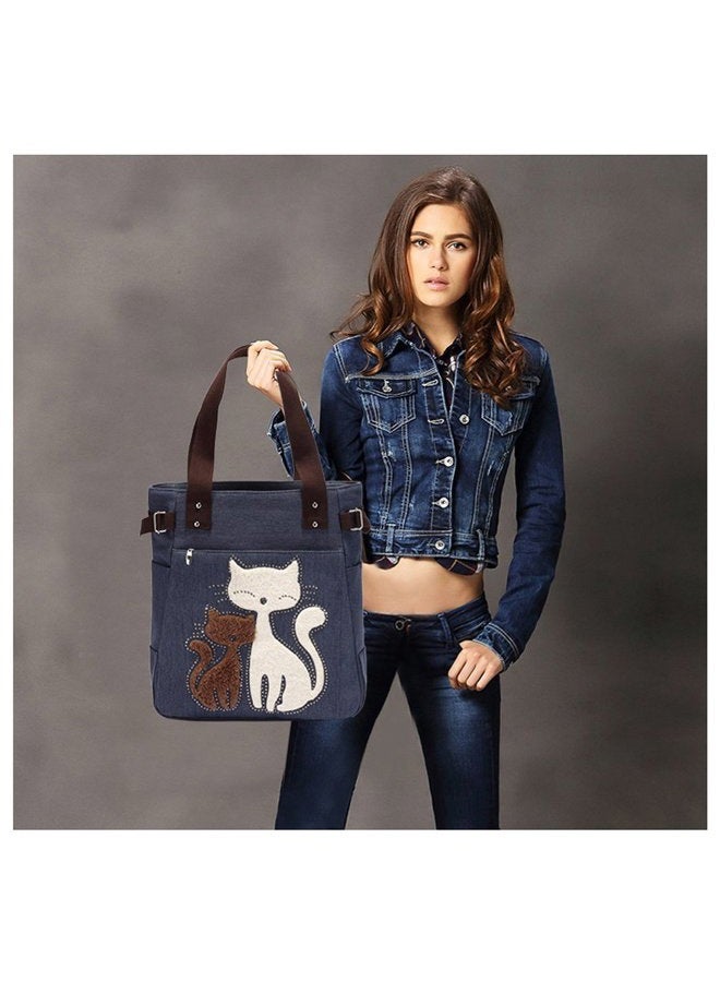 KAUKKO Women Canvas Handbag Kaukko Shoulder Bag Cat Big Tote Bag Blue - Image 2