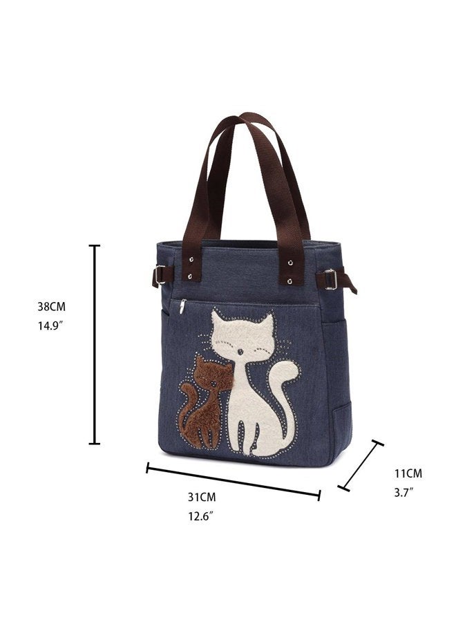 KAUKKO Women Canvas Handbag Kaukko Shoulder Bag Cat Big Tote Bag Blue - Image 5