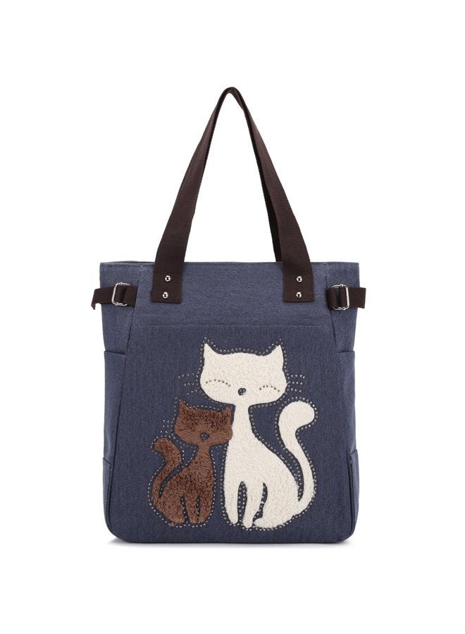 KAUKKO Women Canvas Handbag Kaukko Shoulder Bag Cat Big Tote Bag Blue - Image 1