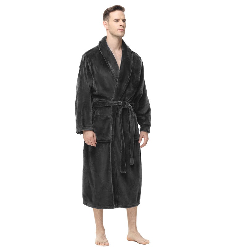 Yurhap Mens Fleece Robe, Soft Plush Robe for Men, Fluffy Bathrobe with Belt & 2 Pockets, Dark Grey, L-XL - Image 3