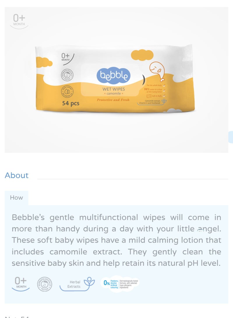 bebble Baby Wet Wipes Camomile| New Born | Balanced pH | 64 pcs - Image 3