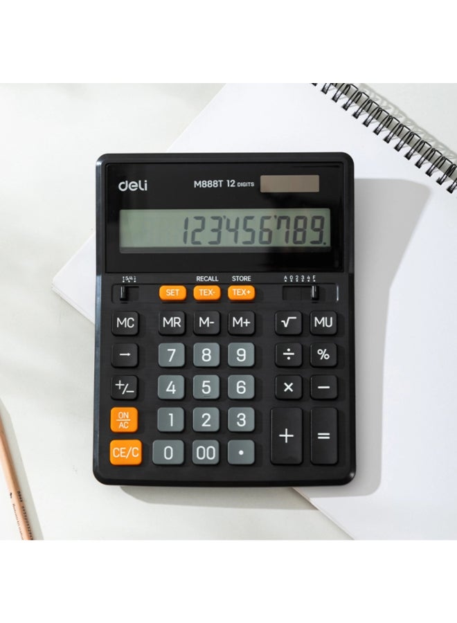 Deli 12-Digit Battery and Solar Powered Desktop Calculator Black 3 x 16 x 20.5 cm 149453 - Image 2
