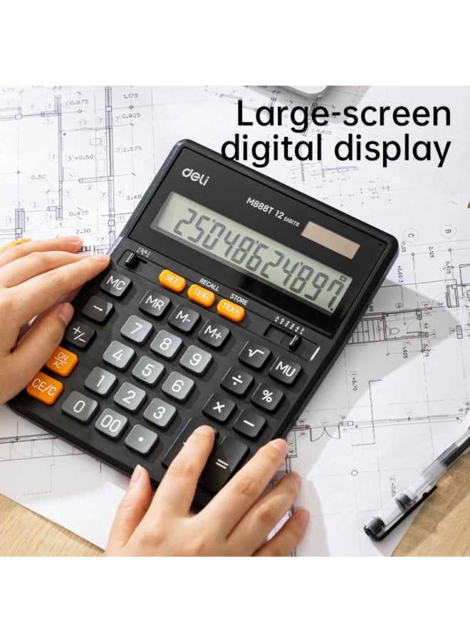 Deli 12-Digit Battery and Solar Powered Desktop Calculator Black 3 x 16 x 20.5 cm 149453 - Image 4