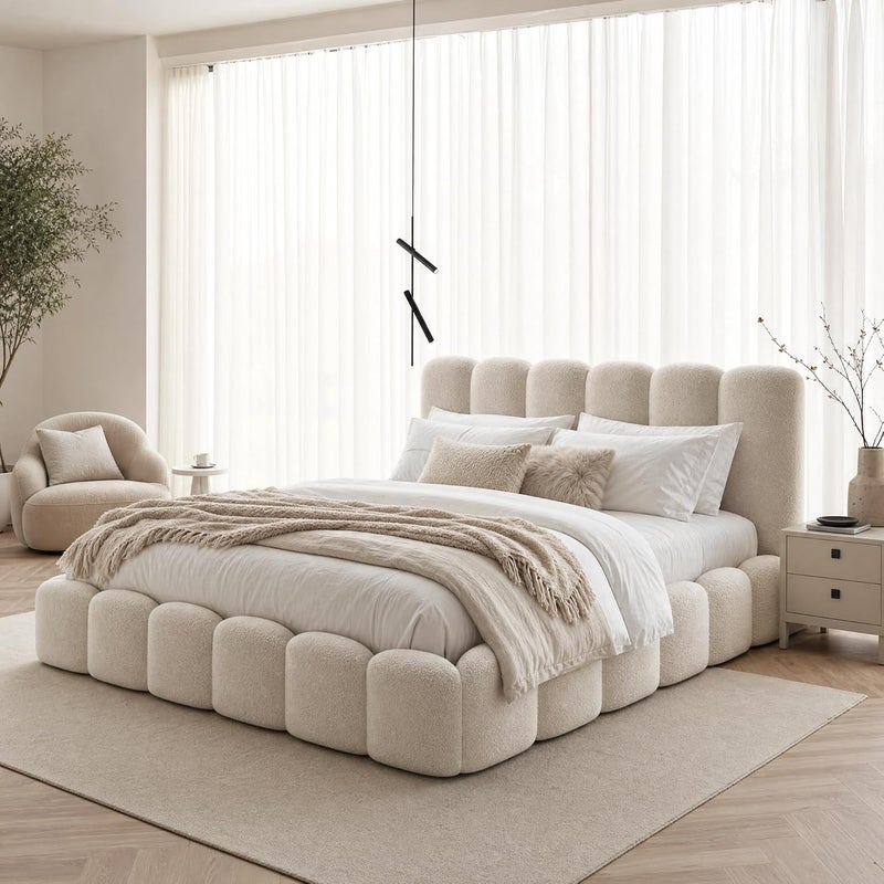 Cloud Upholstered Bed Frame, Teddy Fleece Modern Soft Boucle Platform Bed with Vertical Channel Headboard - Queen Size - Image 1