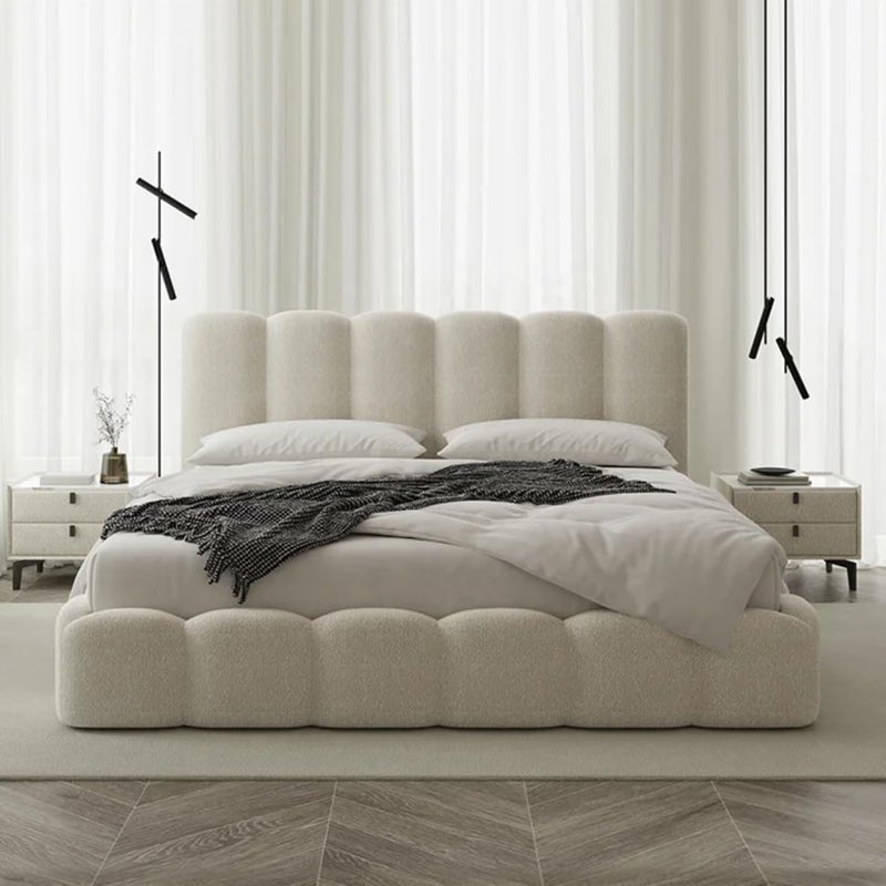 Cloud Upholstered Bed Frame, Teddy Fleece Modern Soft Boucle Platform Bed with Vertical Channel Headboard - Queen Size - Image 3