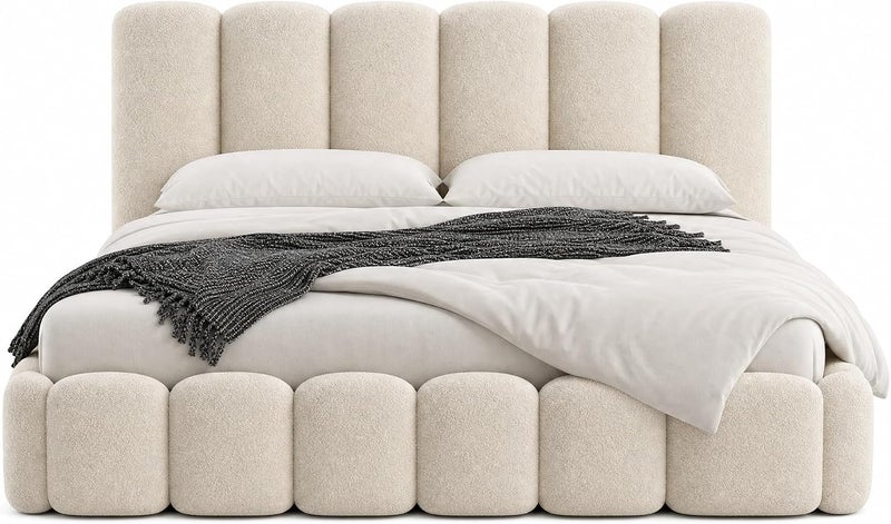 Cloud Upholstered Bed Frame, Teddy Fleece Modern Soft Boucle Platform Bed with Vertical Channel Headboard - Queen Size - Image 5