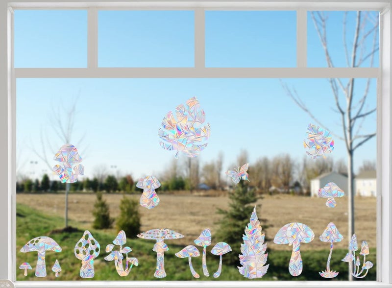 AREAWA 15 Mushroom & 3 Leaf Window Clings - Anti-Collision Decals to Save Birds, Reusable Vinyl Rainbow Stickers - Image 4