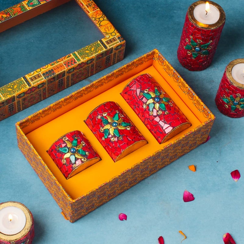 INDICAST Stone Work Pillar Candle for Home Decor Set of 3 Handcrafted Diwali Diya Decorative Showpieces Reusable Tealight Candle Holder Red - Image 5