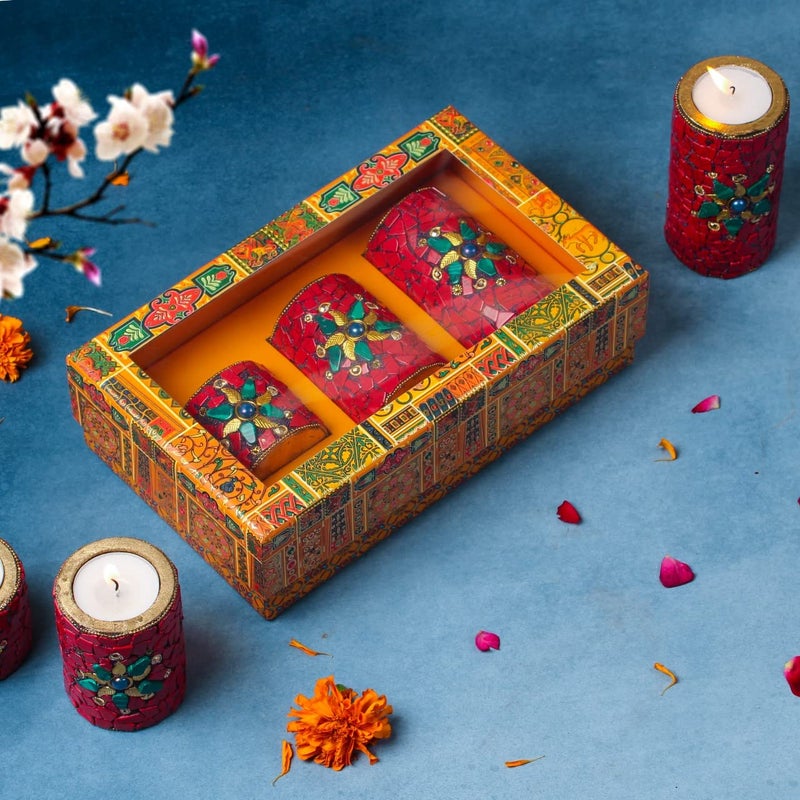 INDICAST Stone Work Pillar Candle for Home Decor Set of 3 Handcrafted Diwali Diya Decorative Showpieces Reusable Tealight Candle Holder Red - Image 3