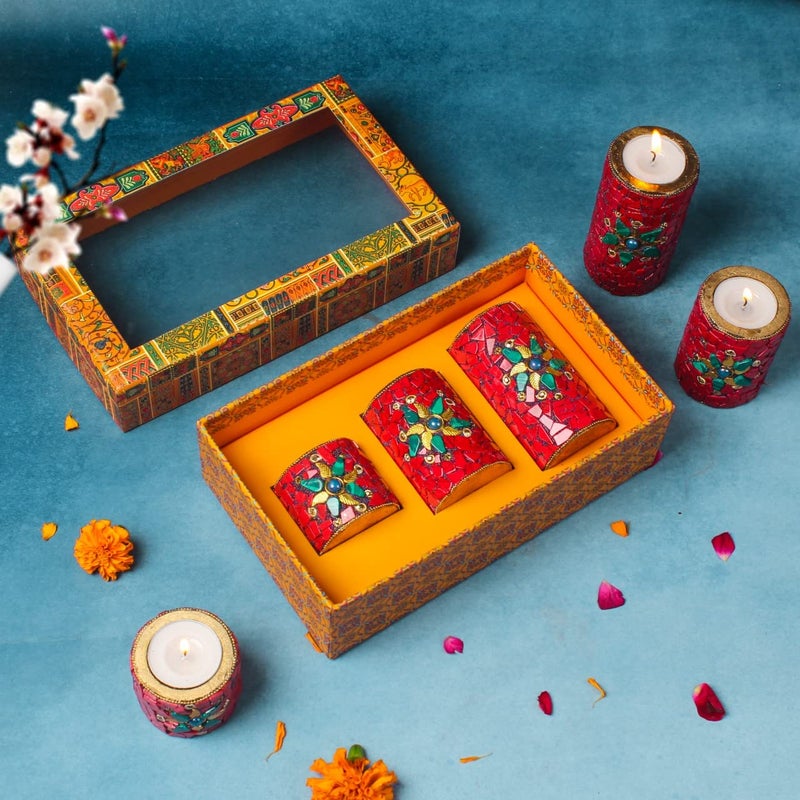 INDICAST Stone Work Pillar Candle for Home Decor Set of 3 Handcrafted Diwali Diya Decorative Showpieces Reusable Tealight Candle Holder Red - Image 2