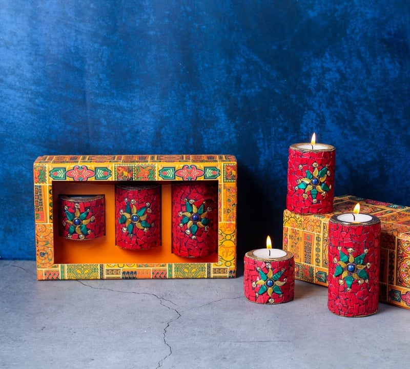 INDICAST Stone Work Pillar Candle for Home Decor Set of 3 Handcrafted Diwali Diya Decorative Showpieces Reusable Tealight Candle Holder Red - Image 1