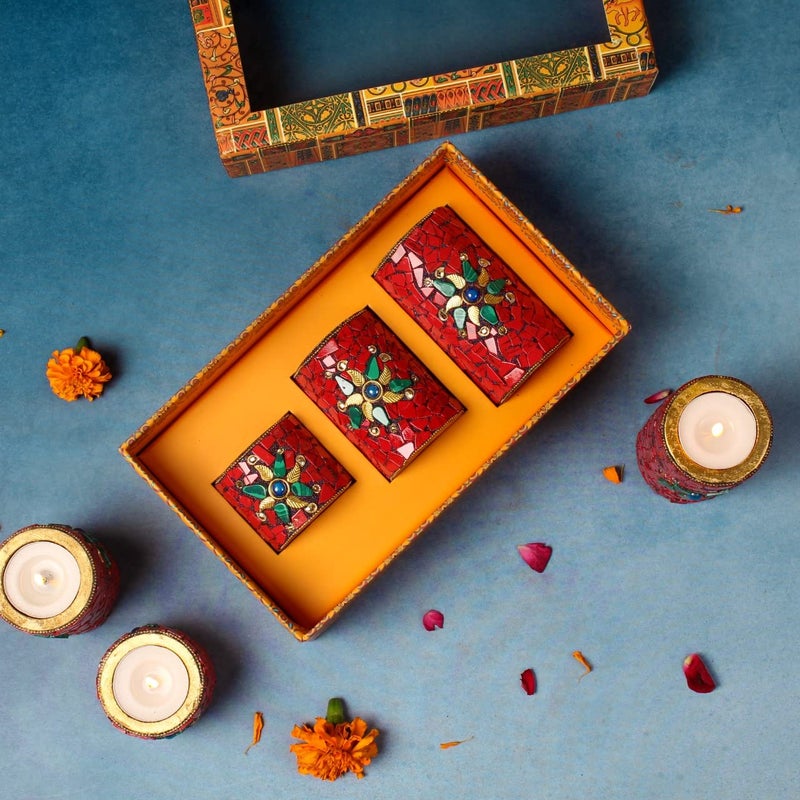 INDICAST Stone Work Pillar Candle for Home Decor Set of 3 Handcrafted Diwali Diya Decorative Showpieces Reusable Tealight Candle Holder Red - Image 4