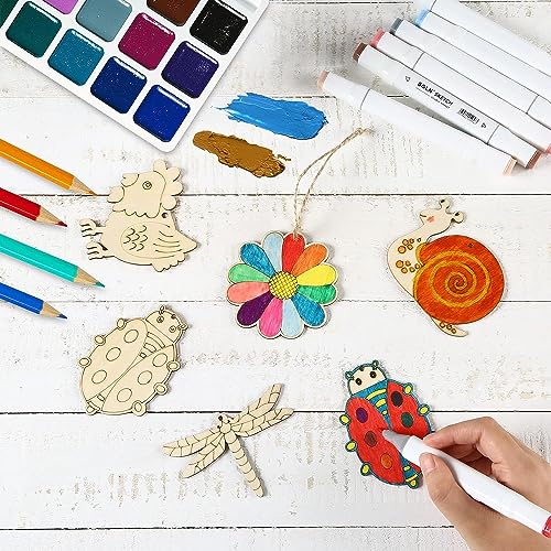 Cliths 33 Pieces Butterfly Wood Slices Flower Cutouts with Holes Blank Animals Wooden Painting Crafts for Kids, Home Decoration Ornament DIY Craft Art Project,11 Styles, 3 Style Each - Image 2