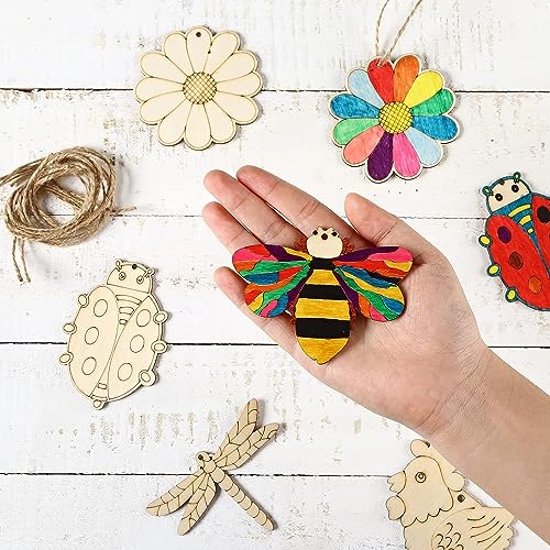 Cliths 33 Pieces Butterfly Wood Slices Flower Cutouts with Holes Blank Animals Wooden Painting Crafts for Kids, Home Decoration Ornament DIY Craft Art Project,11 Styles, 3 Style Each - Image 4