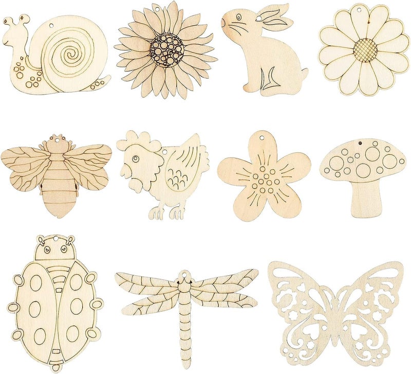 Cliths 33 Pieces Butterfly Wood Slices Flower Cutouts with Holes Blank Animals Wooden Painting Crafts for Kids, Home Decoration Ornament DIY Craft Art Project,11 Styles, 3 Style Each - Image 1