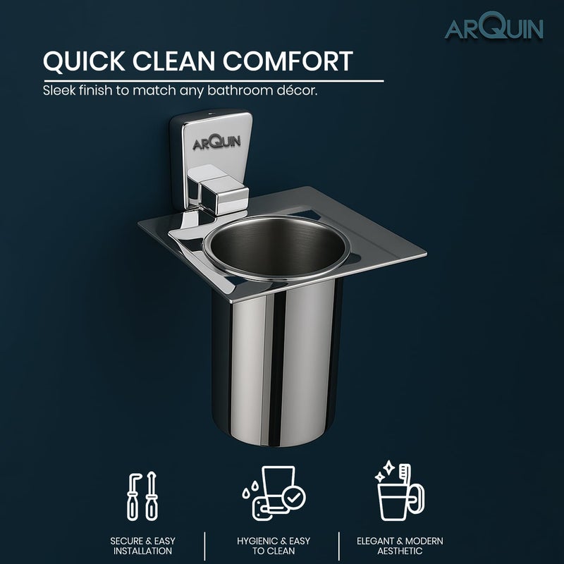 ARQUIN Wall-Mounted Tooth Brush Holder for Bathroom, Tumbler Stand/304 Steel Bathroom Organizer with Glossy Finish Bathroom Accessories Chrome Finish Stand with Removable Cup (Selvi Tumbler Holder) - Image 2