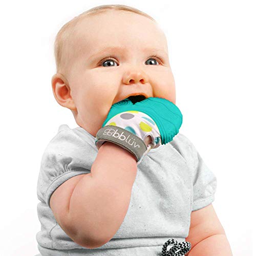 bblÃ¼v Bblüv - Glüv - Original Silicone Baby Teething Mitten with Opposable Thumb, Self Soothing Teether Toy, Includes a Storage Bag (Aqua) - Image 1