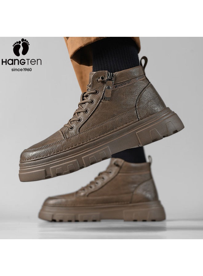 Hang Ten Martin Boots Warm Men's Shoes Autumn Winter New Versatile Work Boots Casual Leather Shoes Thick Sole High Top Men's Boots Brown 42 - Image 2