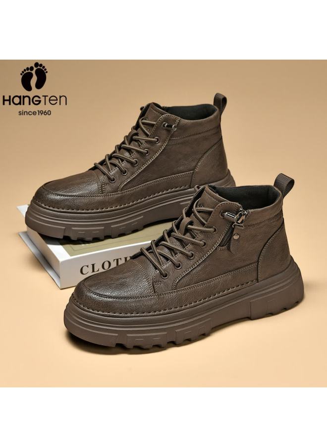 Hang Ten Martin Boots Warm Men's Shoes Autumn Winter New Versatile Work Boots Casual Leather Shoes Thick Sole High Top Men's Boots Brown 42 - Image 1