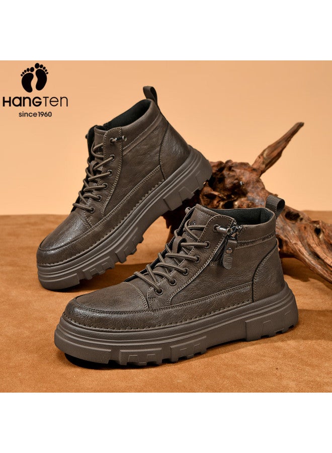Hang Ten Martin Boots Warm Men's Shoes Autumn Winter New Versatile Work Boots Casual Leather Shoes Thick Sole High Top Men's Boots Brown 42 - Image 3