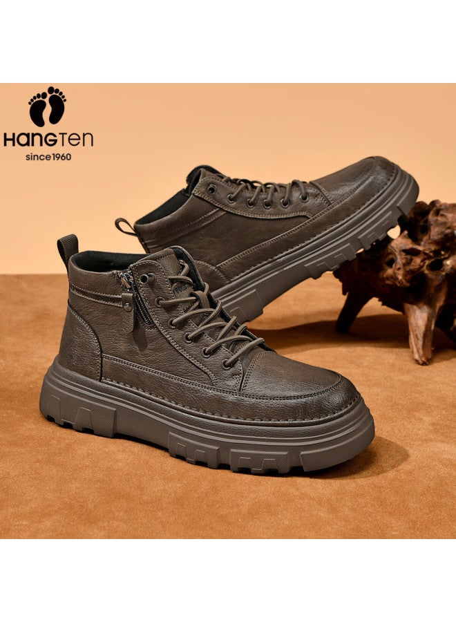 Hang Ten Martin Boots Warm Men's Shoes Autumn Winter New Versatile Work Boots Casual Leather Shoes Thick Sole High Top Men's Boots Brown 42 - Image 4