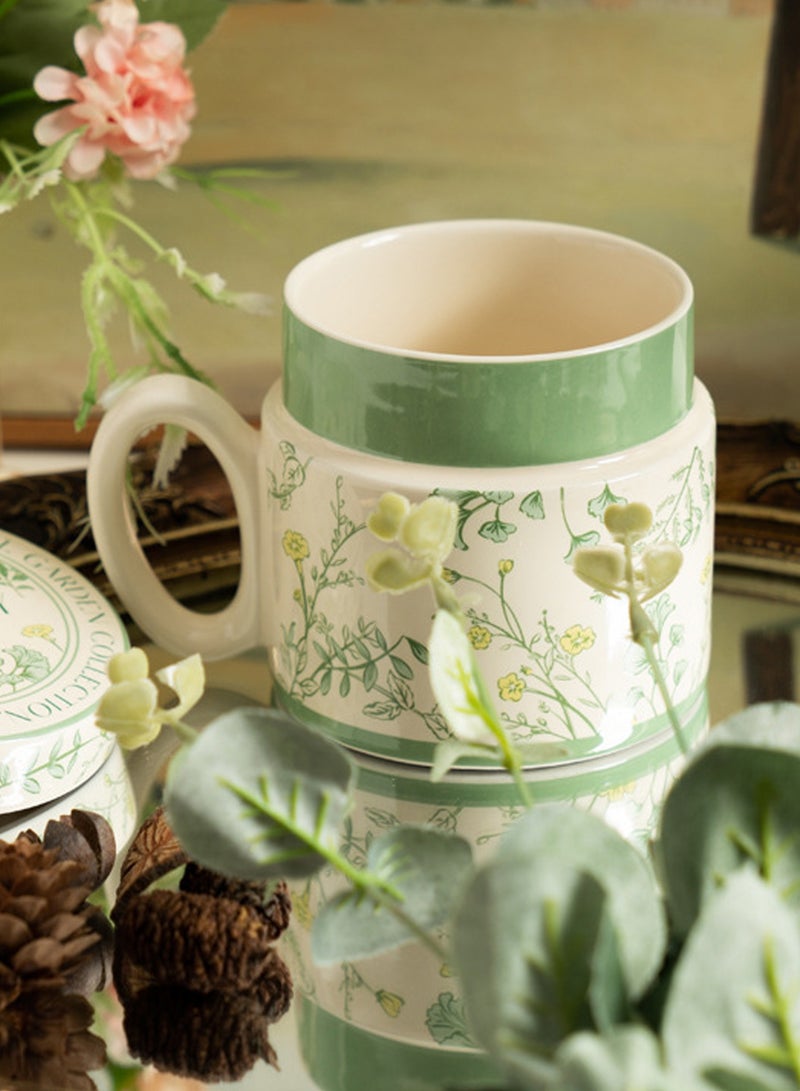 380Ml Microwave - Safe Ceramic Mug With Lid - Green Floral Pattern, Stylish & Functional For Coffee, Tea & Beverage - Image 5