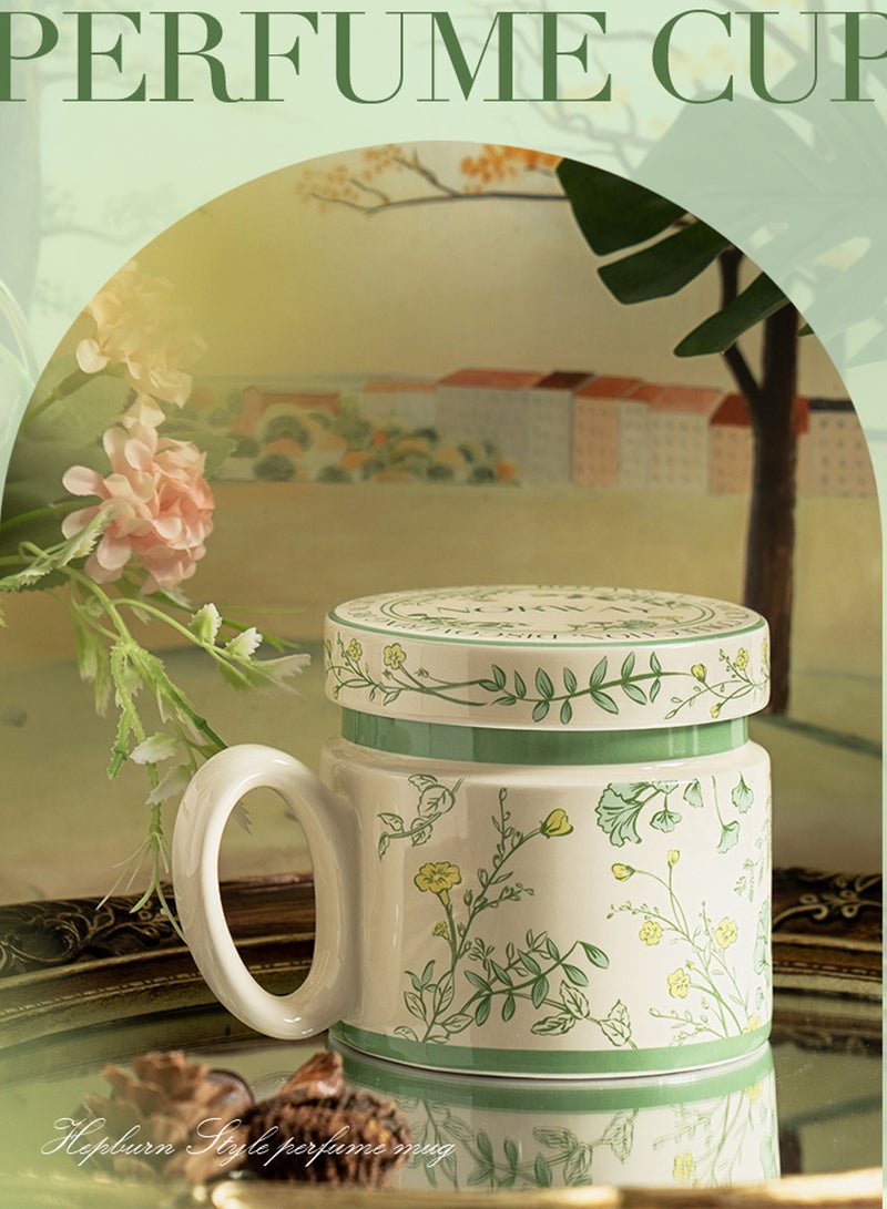 380Ml Microwave - Safe Ceramic Mug With Lid - Green Floral Pattern, Stylish & Functional For Coffee, Tea & Beverage - Image 3