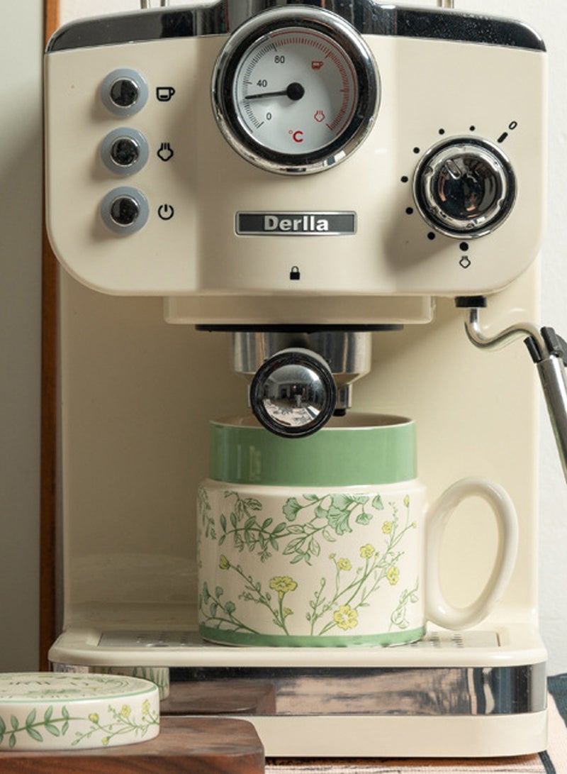 380Ml Microwave - Safe Ceramic Mug With Lid - Green Floral Pattern, Stylish & Functional For Coffee, Tea & Beverage - Image 4