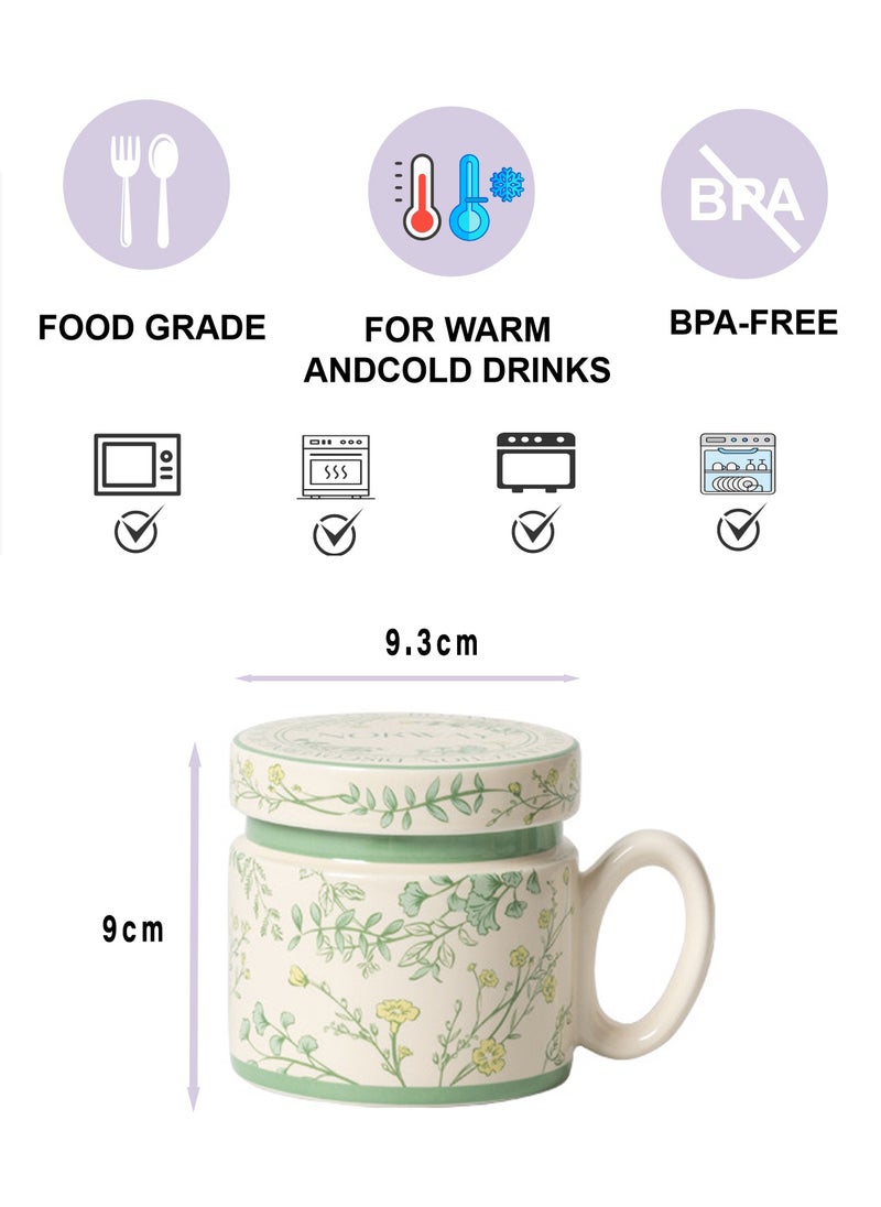 380Ml Microwave - Safe Ceramic Mug With Lid - Green Floral Pattern, Stylish & Functional For Coffee, Tea & Beverage - Image 2