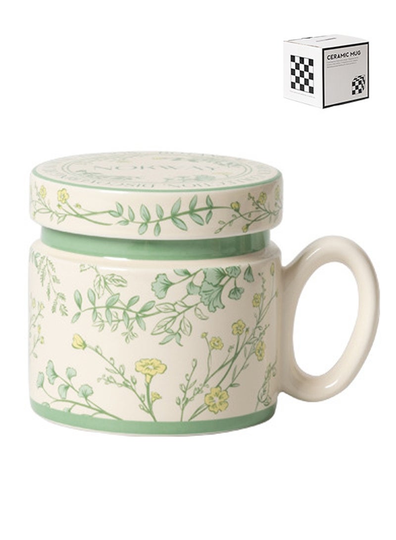 380Ml Microwave - Safe Ceramic Mug With Lid - Green Floral Pattern, Stylish & Functional For Coffee, Tea & Beverage - Image 1